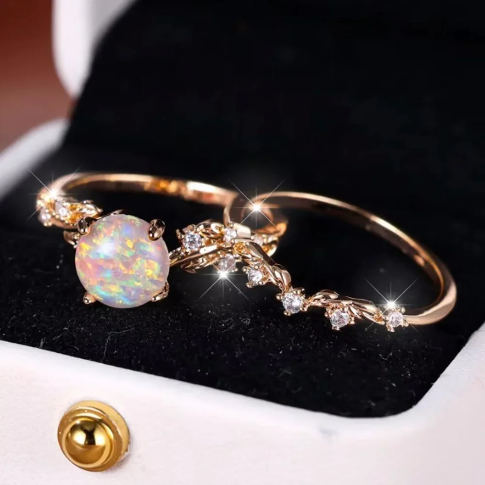 NEW 14k Gold Opal Diamond Ring Band Set of 2 Rings